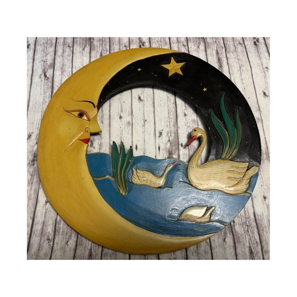 Vintage Hand Carved Wood Celestial Moon and Swans Wall Plaque Folk Art 12 Inch